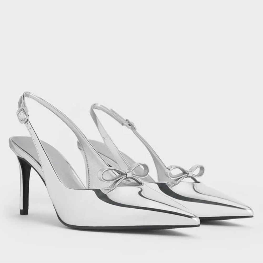 NWT! Charles & Keith Metallic Bow Slingback Pumps - Silver